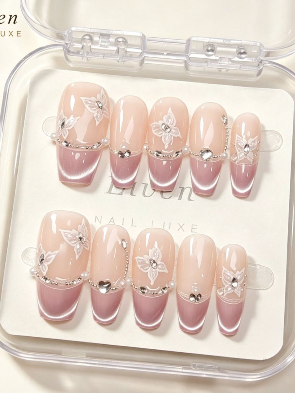 Coquette pink purple french tip cat eye coffin press on nails with butterfly